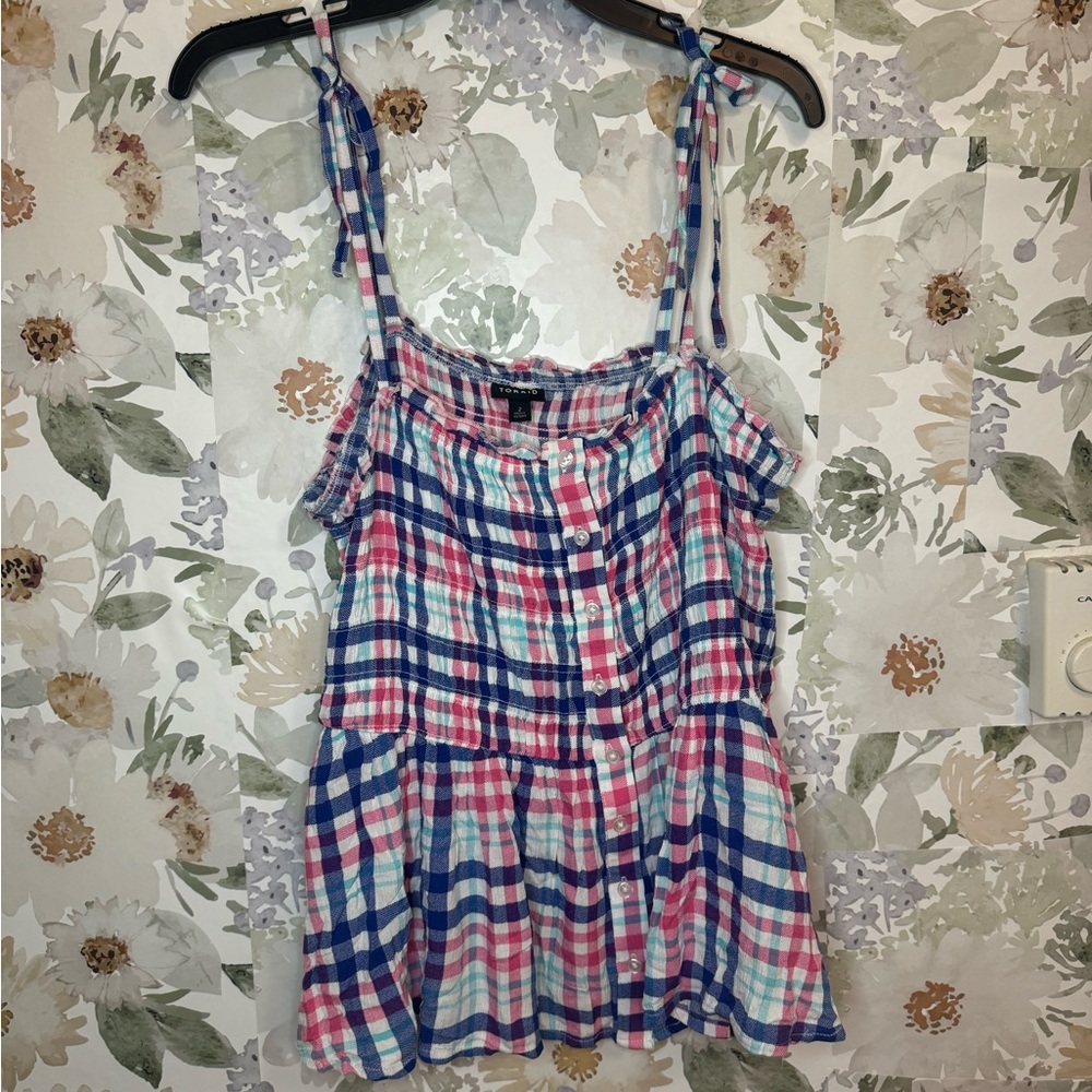torrid Smoked Pink Blue White Gingham Plaid Tie-Shoulder Tank Plus Size 2x